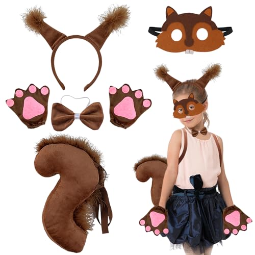 Eichhörnchen Kostüm Kinder, 5 Stück Tier Eichhörnchen Kostüm Set, Eichhörnchen Ohren Schwanz Set mit Eichhörnchen Stirnband Masken, Tierkostüm Kinder für Cosplay Fasching Karneval Kostüm Party von KOIROI