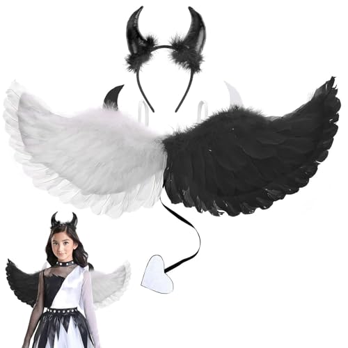 Engelsflügel Weiß, 60 cm Engelskostüm Kinder, Schwarz Weiß Engel Kostüm Damen mit Karneval Teufel Horn Haarband, Teufels Flügel Helloween, Engel Kostüm für Halloween Karneval Cosplay Party Cosplay von KOIROI