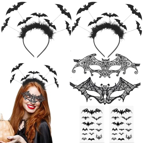 Fledermaus Haarreif, 2 Stück Halloween Haarreif mit 2 Stück Augenmaske Fledermaus+2 Stück Fledermaus Tattoos, Vampir Haarreifen, Fledermausohren Haarreifen für Halloween Karneval Fasching Kostüm von KOIROI