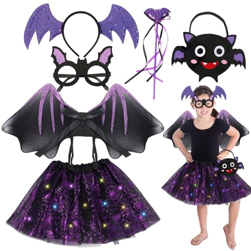 Fledermaus Kostüm Kinder, Fledermaus Kostüm Mädchen mit Fledermaus Flügel LED Leuchtendes Tutu Rock Maske Haarreif Zauberstab Vampir Fledermaus Kostüm, Halloween Kostüm Kinder Fledermaus Cosplay von KOIROI