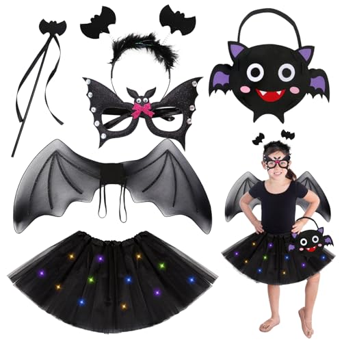 Fledermaus Kostüm Kinder, Fledermaus Kostüm Mädchen mit Fledermaus Flügel LED Leuchtendes Tutu Rock Maske Haarreif Zauberstab Vampir Fledermaus Kostüm, Halloween Kostüm Kinder Fledermaus Cosplay von KOIROI