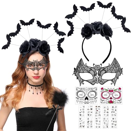 Halloween Fledermaus Haarreif, Vampir Haarreifen mit Fledermaus Augenmaske, Vampires Headwear, Halloween Kostüm Accessoire mit Gesichtstattoos, Fledermaus Tattoo für Halloween Party Kostüm (B) von KOIROI