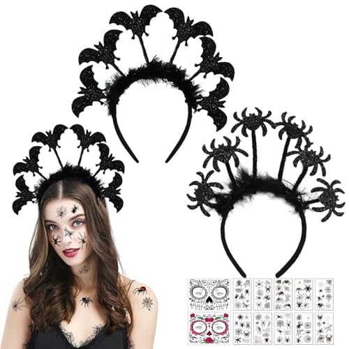 Halloween Haarband, 2 Stück Halloween Fasching Kostüm Karneval Party Accessoire mit Fledermaus Haarreif, Halloween Spinne Haarband, Spitze Maske, Halloween Mund Tattoo für Halloween Cosplay (A) von KOIROI