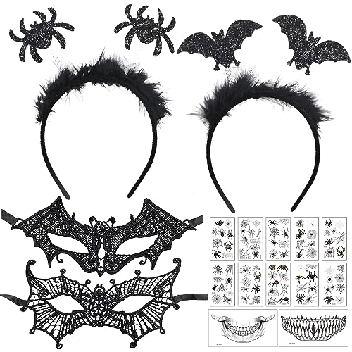 Halloween Haarband, 7 Stück Halloween Fasching Kostüm Karneval Party Accessoire mit Fledermaus Haarreif, Halloween Spinne Haarband, Spitze Maske, Halloween Mund Tattoo für Halloween Cosplay (B) von KOIROI