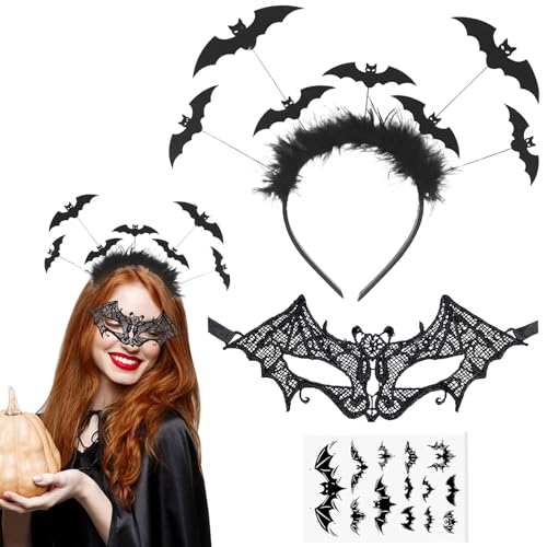 Halloween Haarreif Set, Fledermaus Haarreif, Vampir Haarreifen mit Augenmaske Fledermaus+Fledermaus Tattoos, Fledermaus Haarband für Halloween Karneval Fasching Kostüm Accessoire von KOIROI