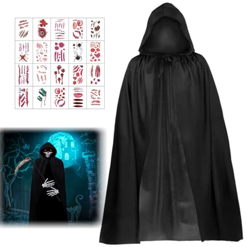 Halloween Kostüm Set, 90/120/140cm Halloween Umhang mit Kapuze, Schwarzer Umhang mit Kapuze mit 20 Halloween Tattoos Aufkleber, Vampir Kostüm Cape Kostüm für Halloween Party Dekoration Cosplay Halloween Kostüm Set, 90/120/140cm Halloween Umhang mit Kapuze, Schwarzer Umhang mit Kapuze mit 20 Halloween Tattoos Aufkleber, Vampir Kostüm Cape Kostüm für Halloween Party Dekoration Cosplay von KOIROI