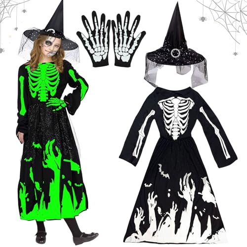 Hexenkostüm Mädchen, halloween Skelett Kostüm Kinder Mädchen mit Hexenhut und Handschuhe, Halloween Kostüm Kinder Hexe, Hexenkostüm Kinder, Hexen Kostüm für Mädchen,Halloween Karnevals Cosplay Party von KOIROI