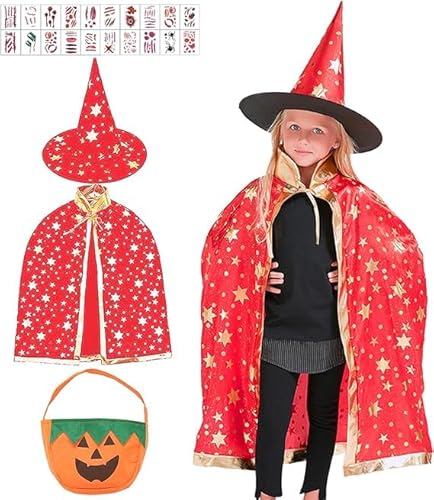 Kinder Halloween Kostüm, Halloween Zauberer Kostüm, Zauberer Kostüm Kinder, Halloween Hexe Zauberer Umhang mit Hut, Wizard Cape Witch Umhang für Kinder Junge Mädchen Cosplay Party von KOIROI