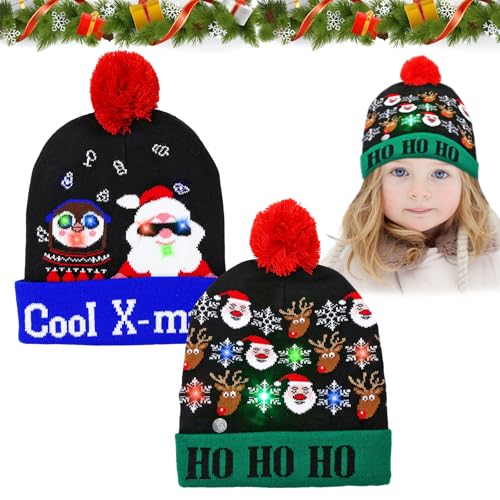 Weihnachten Mütze mit LED Licht, Leuchten Hut Mütze Stricken, Weihnachtsmütze Kinder Bunt Weihnachtsmützen Plüsch, Weihnachten Beanie Mütze, Warme Neuheit Weihnachten Hut für Kinder Erwachsene von KOIROI