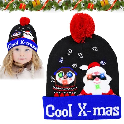 Weihnachten Mütze mit LED Licht, Leuchten Hut Mütze Stricken, Weihnachtsmütze Kinder Bunt Weihnachtsmützen Plüsch, Weihnachten Beanie Mütze, Warme Neuheit Weihnachten Hut für Kinder Erwachsene von KOIROI