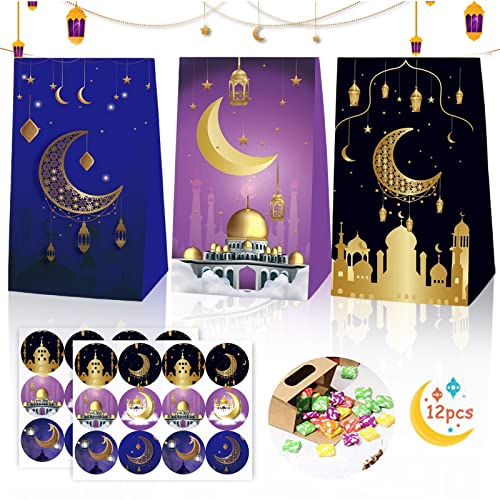 Ramadan Geschenktüten, 12 Stück Ramadan Tüten zum Befüllen, Ramadan Papiertüten, Eid Mubarak Geschenktüten mit 24 Aufklebern, Ramadan Deko, Ramadan Mubarak Geschenktüte für Muslim Eid Party Zubehör. von KOIROI