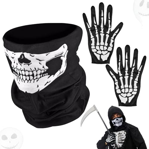 Schädelgesichtsmaske, Skeletthandschuhe, Totenkopf Halstuch, Halb Geist Knochen Cosplay Kostüme, Skelettmaske für Halloween Tanz Kostüm Party von KOIROI