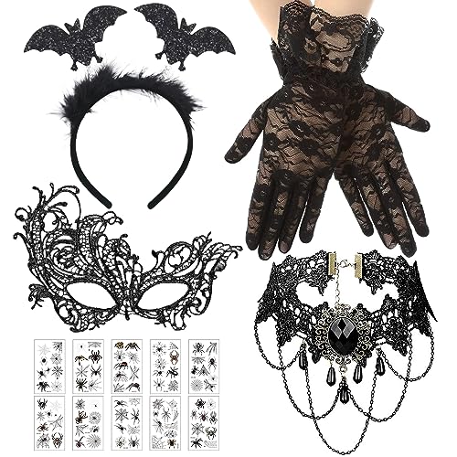 Spitzen Handschuhe, 5 Stück Halloween Steampunk Damen Zubehör, Halloween Kostüm mit Fledermaus Haarreif, Augenmaske Spitze, Gothic Spitze Halskette, Halloween Tattoos für Halloween Cosplay von KOIROI