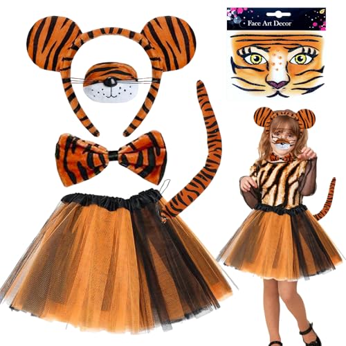 Tierkostüm Kinder, 6-teiliges Tiger Kostüm Kinder, Tigerkostüm Kinder, Kostüm Tier Mädchen, Tierkostüm Kinder Tutu Rock Schwanz Ohren Set, Tigerkostüm für Kinder Fasching Karneval Kostüm Party von KOIROI