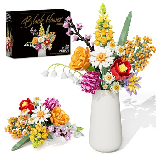 Blumen Bausteine Set für Erwachsene, 1070 Stück Blumenstrauß, künstliche Blume Bauklötze Bausatz Spielzeug für Frauen Mädchen, Home Deko Geschenk für Geburtstag, Valentinstag, Weihnachten (keine Vase) von KOJAYHOL