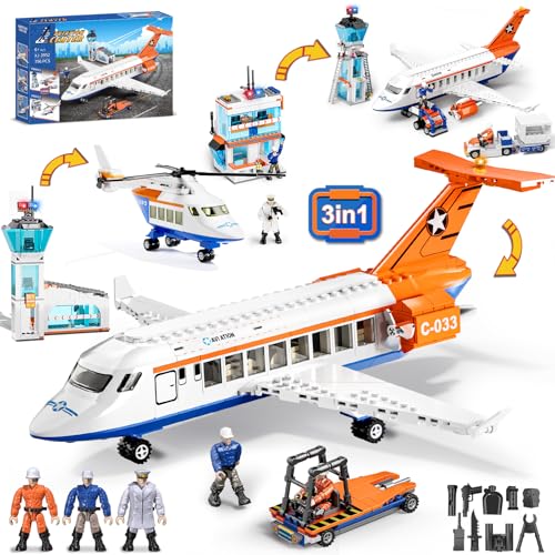 City Passagierflug Flugzeug Baukasten - 3 IN 1 Flughafen Hubschrauber Baustein Spielzeug Bausatz mit Terminal, Gepäck LKW, Radarturm, Geschenk für Jungen Mädchen Kinder Erwachsene 6, 7, 8, 9+ Jahre von KOJAYHOL