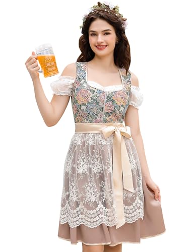 KOJOOIN Damen 3 Stück Bayerisches Oktoberfest Kostüme Traditionelles Vintage Deutsches Dirndl Kleid, Champagner, XXL von KOJOOIN