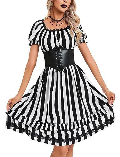 KOJOOIN Damen Renaissance Kostüm Gothic Kleid Mittelalterkleider Vintage Gotische Abendkleid mit Korsett Schwarz und Weiß M von KOJOOIN