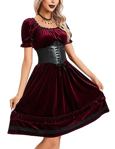 KOJOOIN Damen Weihnachten Kostüm Gothic Kleid Mittelalterkleider Vintage Gotische Abendkleid mit Korsett (Verpackung MEHRWEG) Weinrot XXL von KOJOOIN