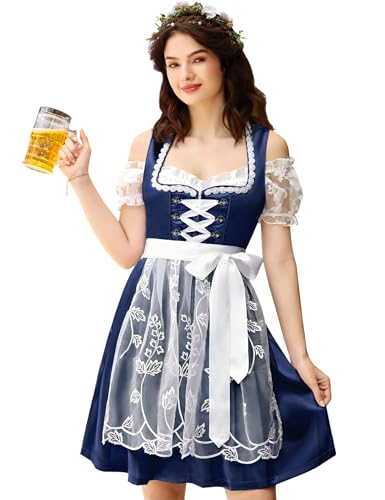 KOJOOIN Deutsches Dirndlkleid Damen 3 Teilig Traditionelle Bayerische Oktoberfest Kostüme für Karneval Party, Marineblau, XXL von KOJOOIN