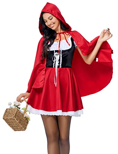 KOJOOIN Halloween Kostüm Damen Cosplay Kleid Gothic Kleid Kostüm für Halloween Kostüm Rotkäppchen mit Rock+Umhang Rot 34 von KOJOOIN