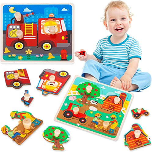 Baby Puzzle Puzzle in großen Stücken 1-4 Jahre Set aus 2 Holzpuzzles mit Dübeln - Bauernhaus Feuerwehrauto Lernspiel zur Förderung der Entwicklung des Gehirns von Kleinkindern von KOKOBOX