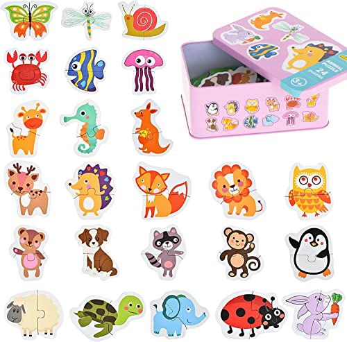 Kinderpuzzle,Holzpuzzles Tierpuzzles Verschiedene Puzzles für 3-jährige Kinder Lernpuzzles Bunte Montessori-Spielzeuge für Jungen und Mädchen mit Metallbox - Tiere (24PCS) von KOKOBOX