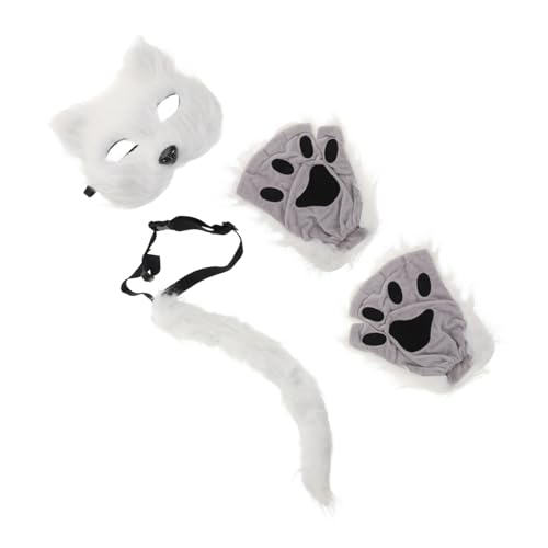 KOMBIUDA 1 Satz Halloween-maske Halbmasken-cosplay Pfotenhandschuhe Zubehör Für Katzenkostüme Heckstütze Halloween-katzenmaske Cosplay-party-masken Tiermasken Für Erwachsene Weiß Kunstpelz von KOMBIUDA