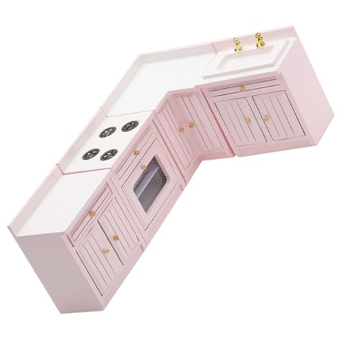 KOMBIUDA 1 Satz puppenhausküche vierteiliges Set Miniatur Häuser küchenspielzeug für Kitchen Toys for Geschenkeidee Minischrank Mini-Schreibtischmöbel hölzern Rosa von KOMBIUDA