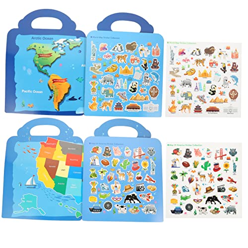 KOMBIUDA 2 Sätze Stickerbuch für Kinder Erdkunde Aufkleberbuch Spielzeuge Kinderspielzeug Buch mit Aufklebern zur Karte von Amerika Weltkarten-Stickerbuch Sammelalbum von KOMBIUDA