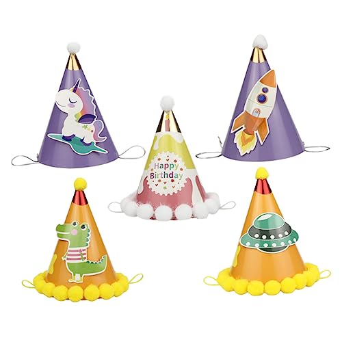 KOMBIUDA 5 Stück Kinder Geburtstagshut Party Feierhut Papier Geburtstagshut Happy Birthday Hut Papier Geburtstagskegelhut Geburtstagskappe Leichte Cartoon Geburtstagshüte Pompon von KOMBIUDA