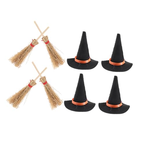 KOMBIUDA 8St Halloween-Hexenhut Kleine Besen Kleine Dekoration Halloween Puppen Puppenhaus Dekoration Kleine Hexenhüte Hexenhut und Besendekor Minihüte und Besen Miniaturhüte Holz Black von KOMBIUDA