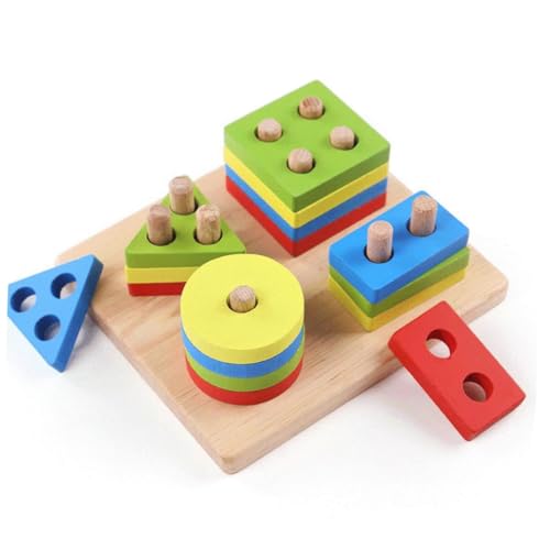 KOMBIUDA Holzbausteine Set Baustein Puzzle Für Kleinkinder Lernspielzeug Mit Geometrischen Formen Zufällige Farben Fördert Kreativität Und Motorische Fähigkeiten Ideales Holzspielzeug von KOMBIUDA