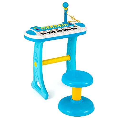 KOMFOTTEU 31 Tasten Keyboard Set für Kinder, Kinderklavier mit Sound Lichteffekte & Mikrofon, Elektronisches Klavier Spielzeug inkl. Hocker, Kinderkeyboard 22 Beat/8 Töne/7 Rhythmen (Blau) von KOMFOTTEU