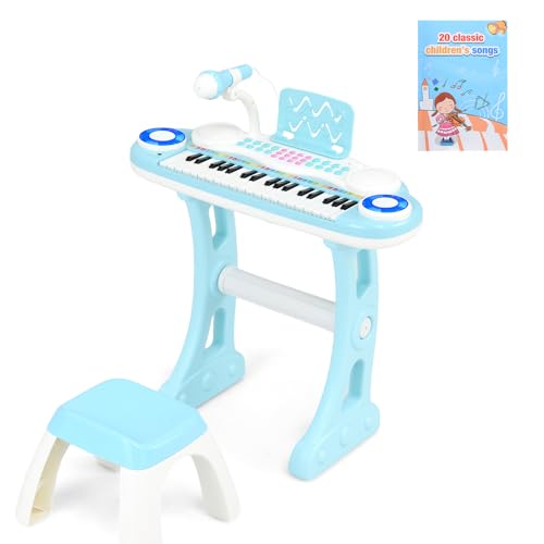 KOMFOTTEU 37 Tasten Kinderklavier Set, Elektronisches Klavier mit Lichteffekten und verstellbarem Mikrofon, Klaviertastatur inkl. Hocker, Keyboard 8 Rhythmen/Töne für Kinder 3+ Jahre (Blau) von KOMFOTTEU