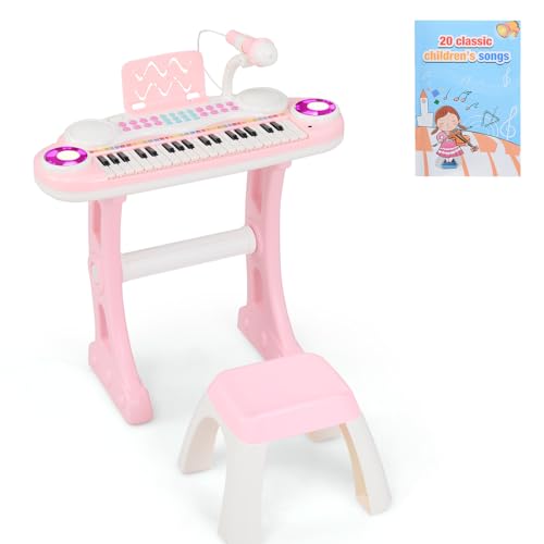 KOMFOTTEU 37 Tasten Kinderklavier Set, Elektronisches Klavier mit Lichteffekten und verstellbarem Mikrofon, Klaviertastatur inkl. Hocker, Keyboard 8 Rhythmen/Töne für Kinder 3+ Jahre (Rosa) von KOMFOTTEU