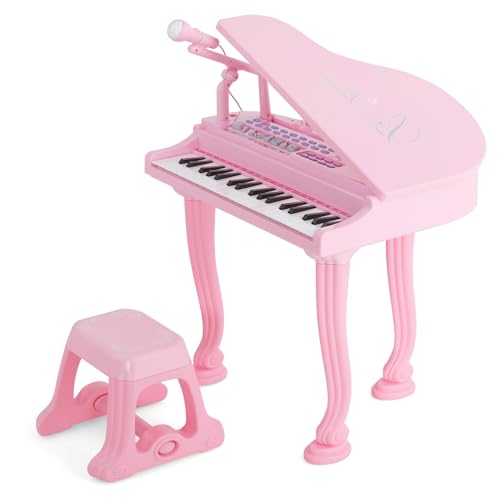 KOMFOTTEU 37 Tasten Kinderklavier Set, Elektronisches Klavier mit Mikrofon & Hocker, E-Piano Klaviertastatur mit 8 Percussionseffekte & Begleitstile, Keyboard für Kinder ab 3 Jahren (Pink) von KOMFOTTEU