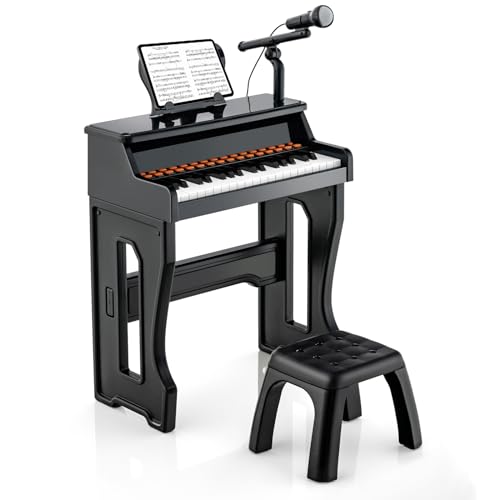 KOMFOTTEU 37 Tasten Kinderklavier Set, Elektronisches Klavier mit verstellbarem Notenständer & Mikrofon, E-Piano Klaviertastatur inkl. Hocker, Keyboard für Kinder ab 3 Jahren (Schwarz) von KOMFOTTEU