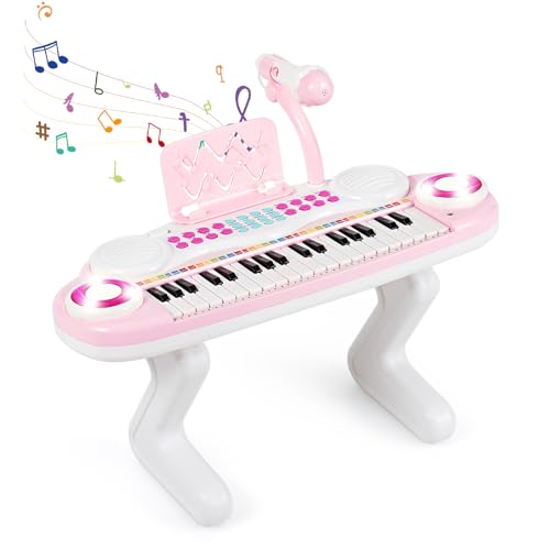 KOMFOTTEU Kinderklavier mit 37 Tasten, Klavierkeyboard für Kinder mit Mikrofon & Lichteffekten, elektronisches Klavier mit Notenständer, 8 Töne und 8 Rhythmen, für Kinder ab 18 Monaten (Pink) von KOMFOTTEU