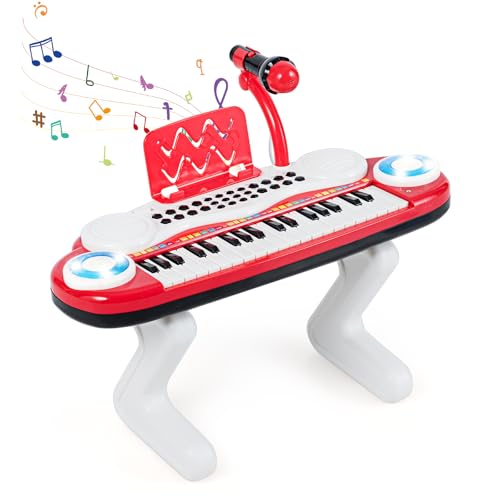 KOMFOTTEU Kinderklavier mit 37 Tasten, Klavierkeyboard für Kinder mit Mikrofon & Lichteffekten, elektronisches Klavier mit Notenständer, 8 Töne und 8 Rhythmen, für Kinder ab 18 Monaten (Rot) von KOMFOTTEU