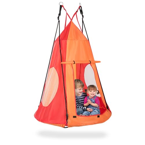 KOMFOTTEU Nestschaukel mit Zelt Ø100 cm, Kinderschaukel Tellerschaukel mit Fenster & höheverstellbaren Seilen, Gartenschaukel Hängezelt 150kg belastbar für Kinder, Indoor & Outdoor (Orange) von KOMFOTTEU