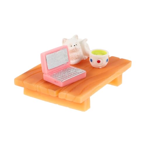 KONTONTY Realistischer Miniatur-Schreibtisch Katze Und Kaffeetasse Puppenhaus-computerzubehör Für Mini-möbel Spielzeug Und Puppenhausszene von KONTONTY