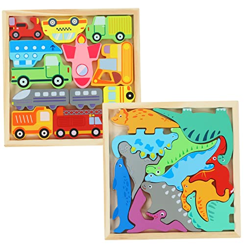 KONTONTY 2 Boxen Holzpuzzle Für Pädagogisches Lernspielzeug Mit Bunten Dinosauriern Und Verkehrsmitteln Ideales Für Kleinkinder Und Vorschulkinder von KONTONTY