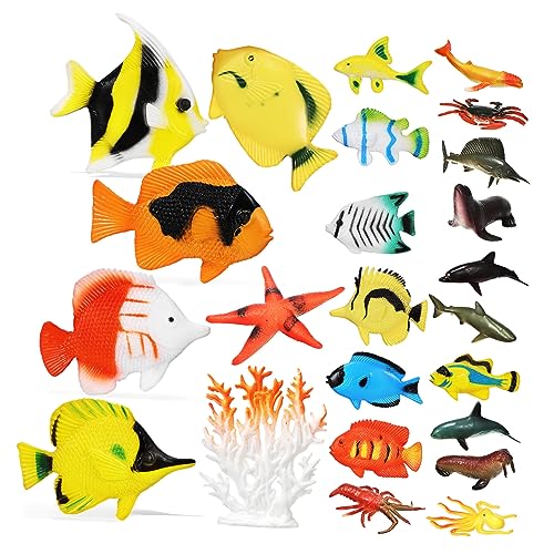 KONTONTY 24 Stück Meerestierfiguren Set Realistische Miniatur Modelle Von Fischen Seesternen Krabben Und Mehr Ideales Wasserspielzeug Für Kinder Und Kreative Stranddeko Pädagogisch von KONTONTY