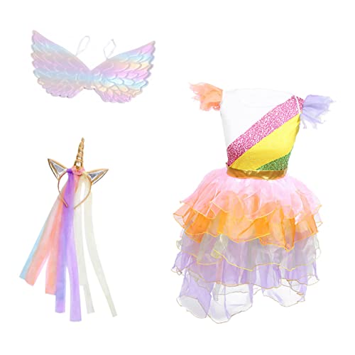 KONTONTY 3st Einhorn-prinzessin-kleid-performance-kostüm Halloween-kostüm Für Kinder Rock Bauschiges Kleid Bauschige Kleider Performance-kleid Für Kinder Blumenmädchenkleid Colorful Tuch von KONTONTY