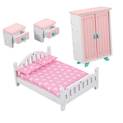 KONTONTY 4 Teiliges Miniatur Puppenhaus Schlafzimmer Set Puppenmöbel Zubehör Mit Bett 2 Fensterbänken Und Kleiderschrank Für Kreatives Rollenspiel Für Ab 3 Jahren von KONTONTY