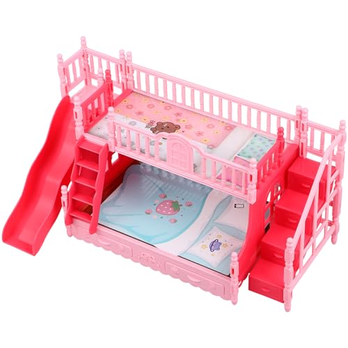 KONTONTY Etagenbett für Puppen puppenhaus Einrichtung Puppen etagenbett Puppenhaus Doppelstockbett Puppenbett Modell Puppe Miniaturkissen Kindercouch Miniaturmöbel Puppenminibett Abs Rosa von KONTONTY