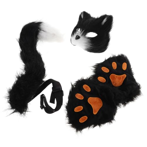 KONTONTY Halloween- Wolfsmaske Cosplay-Fuchsmaske Plüsch-Katzenmaske pelziges katzenkostüm Regenmaske Maskenball Plüsch Katzenschwanz-Knopfstecker aus Kunstpelz Grey von KONTONTY