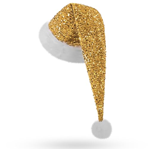 KONVINIT Gold Lang Weihnachtsmütze Erwachsene Nikolausmütze Weihnachtsmann Mütze mit Glitzer Pailletten und Plüsch Rand Weihnachtself mütze für Festliche Weihnachtsfeier Tannenbaum,Gold von KONVINIT