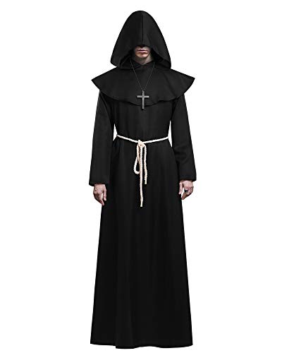 KONVINIT Mönch Kostüm Herren Halloween Kostüm Männer Prister Gewand Kostüm Mittelalterliche Robe mit Kapuze ideal für Mottoparty, Halloween, Karneval und Fasching,schwarz XL von KONVINIT